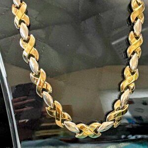 Vintage 1980s XO Necklace Two-Tone Hugs Kisses Collar Chain 16” Gold Silver Tone